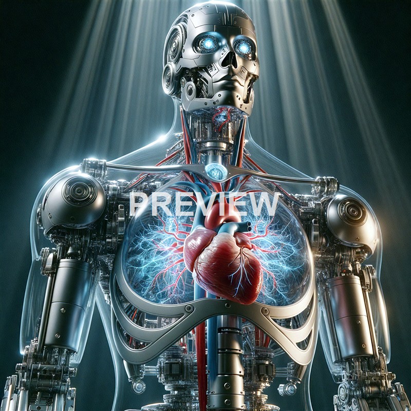 A highly detailed, futuristic robotic figure with a skull-like face, exposed mechanical components, and an anatomically accurate human heart inside its chest, illuminated with dramatic lighting.